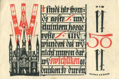 Notgeld L�beck (Schleswig-Holstein - Allemagne) - Stadtkasse L�beck - &frac12; mark / 50 pfennige n�&nbsp;390736 - 1er mai 1921 - Wi sindt ihr fromde gefte und himmern hoege vofte. M� wundert dat m� nicht muren dar m� epichliken gedunken to duren. - face