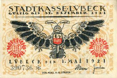 Notgeld L�beck (Schleswig-Holstein - Allemagne) - Stadtkasse L�beck - &frac12; mark / 50 pfennige n�&nbsp;390736 - 1er mai 1921 - Wi sindt ihr fromde gefte und himmern hoege vofte. M� wundert dat m� nicht muren dar m� epichliken gedunken to duren. - dos