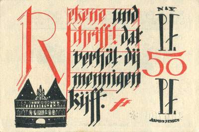 Notgeld L�beck (Schleswig-Holstein - Allemagne) - Stadtkasse L�beck - &frac12; mark / 50 pfennige n�&nbsp;490736 - 1er mai 1921 - Lekene und schriff! dat verh�f d� mennigen k�ff. - face