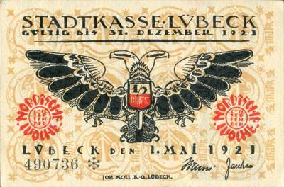 Notgeld L�beck (Schleswig-Holstein - Allemagne) - Stadtkasse L�beck - &frac12; mark / 50 pfennige n�&nbsp;490736 - 1er mai 1921 - Lekene und schriff! dat verh�f d� mennigen k�ff. - dos