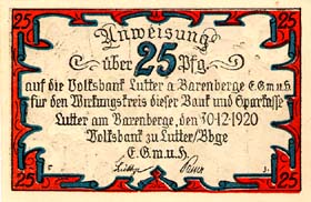 Notgeld Lutter am Barenberge ( Braunschweig - Allemagne ) - 25 pfennige - mission du 30 dcembre 1920 - dos