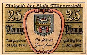 Notgeld Münnerstadt ( Bayern - Allemagne ) - 25 pfennige - émission du 24 décembre 1920 - dos