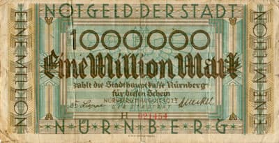 Notgeld der Stadt N�rnberg - 1&nbsp;000&nbsp;000&nbsp;mark - Serie&nbsp;H - n�&nbsp;021454 - 11&nbsp;ao�t&nbsp;1923 - face