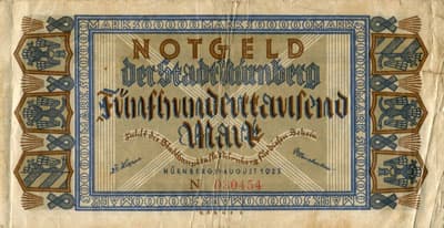 Notgeld der Stadt N�rnberg - 500&nbsp;000&nbsp;mark - Serie&nbsp;N - n�&nbsp;030454 - 11&nbsp;ao�t&nbsp;1923 - face