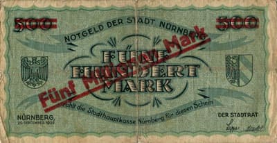 Notgeld der Stadt N�rnberg - 5&nbsp;000&nbsp;000&nbsp;mark surcharg� sur 500&nbsp;mark - Serie&nbsp;A - n�&nbsp;024178 - 20&nbsp;septembre&nbsp;1922 - face