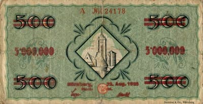 Notgeld der Stadt N�rnberg - 5&nbsp;000&nbsp;000&nbsp;mark surcharg� sur 500&nbsp;mark - Serie&nbsp;A - n�&nbsp;024178 - 20&nbsp;septembre&nbsp;1922 - dos