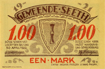Notgeld der Gemeende Seeth (Schleswig-Holstein - Allemagne) - 1 mark - 1921 - dos