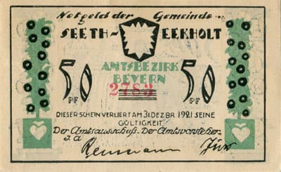 Notgeld der Gemeinde Seeth-Eekholt (Schleswig-Holstein - Allemagne) - 50 pfennig - (1921) - n�&nbsp;2783 - type 1 - dos