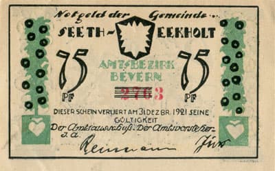 Notgeld der Gemeinde Seeth-Eekholt (Schleswig-Holstein - Allemagne) - 75 pfennig - (1921) - n�&nbsp;2763 - type 1 - dos