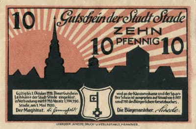 Gutschein der Stadt Stade (Niedersachsen - Allemagne) - 10 pfennig - 1&nbsp;mai&nbsp;1920 - face