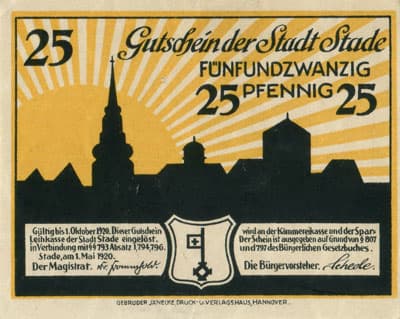 Gutschein der Stadt Stade (Niedersachsen - Allemagne) - 25 pfennig - 1&nbsp;mai&nbsp;1920 - face
