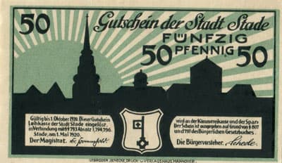 Gutschein der Stadt Stade (Niedersachsen - Allemagne) - 50 pfennig - 1&nbsp;mai&nbsp;1920 - face