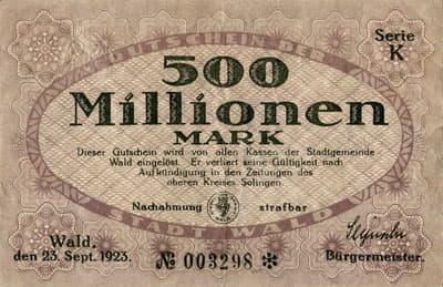 Gutschein der Stadt&nbsp;Wald (Nordrhein-Westfalen - Allemagne) - 500&nbsp;000&nbsp;000&nbsp;mark - 23&nbsp;septembre&nbsp;1923 - s�rie&nbsp;K - n�&nbsp;003298 - face