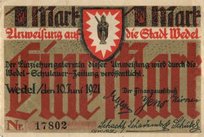 Notgeld - Anweisung auf die Stadt Wedel (Nordrhein-Westfalen - Allemagne) - 1&nbsp;mark - 10&nbsp;juin&nbsp;1921 - n�&nbsp;17802 - face