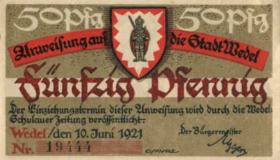 Notgeld - Anweisung auf die Stadt Wedel (Nordrhein-Westfalen - Allemagne) - 50&nbsp;pfennig - 10&nbsp;juin&nbsp;1921 - n�&nbsp;440353 - face