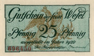 Gutschein der Stadt Wesel (Nordrhein-Westfalen - Allemagne) - 25&nbsp;pfennig - 1920 - n�&nbsp;696450 - face