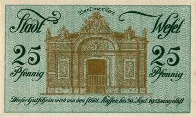 Gutschein der Stadt Wesel (Nordrhein-Westfalen - Allemagne) - 25&nbsp;pfennig - 1920 - n�&nbsp;696450 - dos