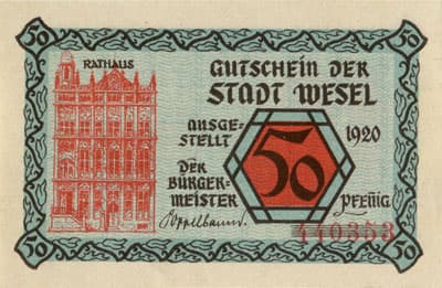 Gutschein der Stadt Wesel (Nordrhein-Westfalen - Allemagne) - 50&nbsp;pfennig - 1920 - n�&nbsp;440353 - face