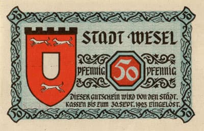 Gutschein der Stadt Wesel (Nordrhein-Westfalen - Allemagne) - 50&nbsp;pfennig - 1920 - n�&nbsp;440353 - dos