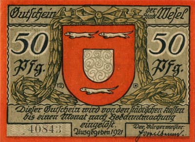 Gutschein der Stadt Wesel (Nordrhein-Westfalen - Allemagne) - 50&nbsp;pfennig - 1921 - type 1 - n�&nbsp;40843 - face