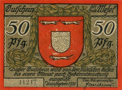 Gutschein der Stadt Wesel (Nordrhein-Westfalen - Allemagne) - 50&nbsp;pfennig - 1921 - type 2 - n�&nbsp;41217 - face