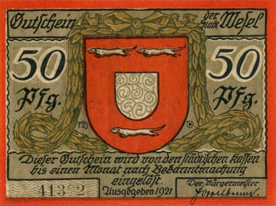 Gutschein der Stadt Wesel (Nordrhein-Westfalen - Allemagne) - 50&nbsp;pfennig - 1921 - type 3 - n�&nbsp;41392 - face