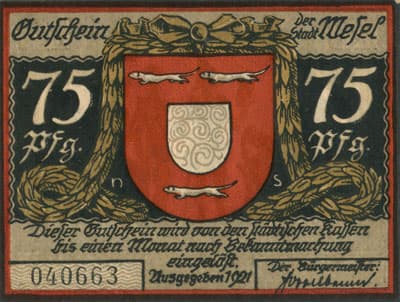Gutschein der Stadt Wesel (Nordrhein-Westfalen - Allemagne) - 75&nbsp;pfennig - 1921 - Type 1 - n�&nbsp;040663 - face