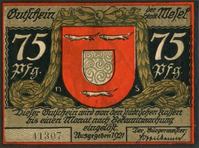 Gutschein der Stadt Wesel (Nordrhein-Westfalen - Allemagne) - 75&nbsp;pfennig - 1921 - Type 2 - n�&nbsp;41307 - face