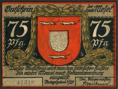 Gutschein der Stadt Wesel (Nordrhein-Westfalen - Allemagne) - 75&nbsp;pfennig - 1921 - Type 3 - n�&nbsp;41310 - face