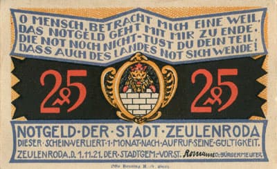 Notgeld der Stadt Zeulenroda (Th�ringen - Allemagne) - 25&nbsp;pfennig - 1&nbsp;novembre&nbsp;1921 - Type 1 - face