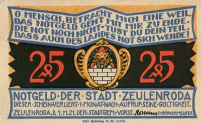Notgeld der Stadt Zeulenroda (Th�ringen - Allemagne) - 25&nbsp;pfennig - 1&nbsp;novembre&nbsp;1921 - Type 2 - face