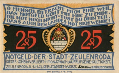 Notgeld der Stadt Zeulenroda (Th�ringen - Allemagne) - 25&nbsp;pfennig - 1&nbsp;novembre&nbsp;1921 - Type 3 - face