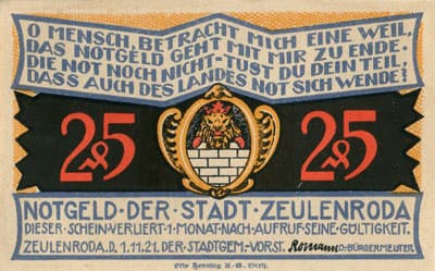 Notgeld der Stadt Zeulenroda (Th�ringen - Allemagne) - 25&nbsp;pfennig - 1&nbsp;novembre&nbsp;1921 - Type 4 - face