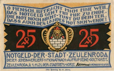 Notgeld der Stadt Zeulenroda (Th�ringen - Allemagne) - 25&nbsp;pfennig - 1&nbsp;novembre&nbsp;1921 - Type 5 - face