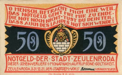 Notgeld der Stadt Zeulenroda (Th�ringen - Allemagne) - 50&nbsp;pfennig - 31&nbsp;d�cembre&nbsp;1921 - Type 1 - face