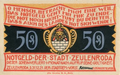 Notgeld der Stadt Zeulenroda (Th�ringen - Allemagne) - 50&nbsp;pfennig - 31&nbsp;d�cembre&nbsp;1921 - Type 2 - face