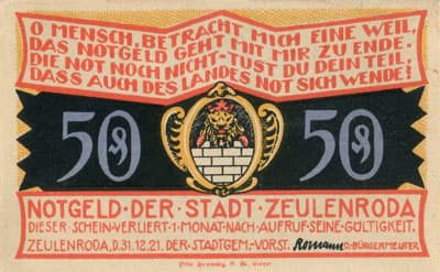 Notgeld der Stadt Zeulenroda (Th�ringen - Allemagne) - 50&nbsp;pfennig - 31&nbsp;d�cembre&nbsp;1921 - Type 3 - face
