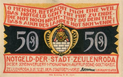 Notgeld der Stadt Zeulenroda (Th�ringen - Allemagne) - 50&nbsp;pfennig - 31&nbsp;d�cembre&nbsp;1921 - Type 4 - face
