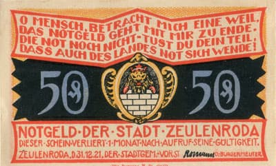 Notgeld der Stadt Zeulenroda (Th�ringen - Allemagne) - 50&nbsp;pfennig - 31&nbsp;d�cembre&nbsp;1921 - Type 5 - face