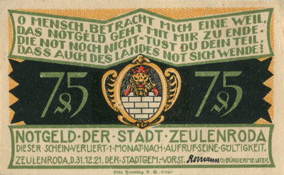 Notgeld der Stadt Zeulenroda (Th�ringen - Allemagne) - 75&nbsp;pfennig - 31&nbsp;d�cembre&nbsp;1921 - Type 1 - face