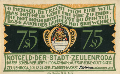 Notgeld der Stadt Zeulenroda (Th�ringen - Allemagne) - 75&nbsp;pfennig - 31&nbsp;d�cembre&nbsp;1921 - Type 2 - face