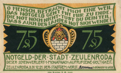 Notgeld der Stadt Zeulenroda (Th�ringen - Allemagne) - 75&nbsp;pfennig - 31&nbsp;d�cembre&nbsp;1921 - Type 3 - face