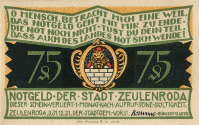 Notgeld der Stadt Zeulenroda (Th�ringen - Allemagne) - 75&nbsp;pfennig - 31&nbsp;d�cembre&nbsp;1921 - Type 4 - face
