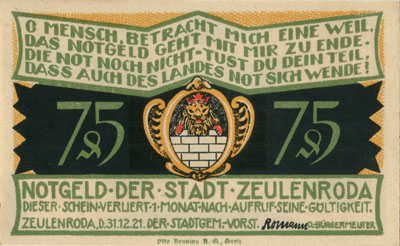 Notgeld der Stadt Zeulenroda (Th�ringen - Allemagne) - 75&nbsp;pfennig - 31&nbsp;d�cembre&nbsp;1921 - Type 5 - face