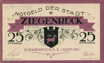 Notgeld der Stadt Ziegenr�ck (Th�ringen - Allemagne) - 25&nbsp;pfennig - 1&nbsp;septembre&nbsp;1921 - n�&nbsp;9000 - face