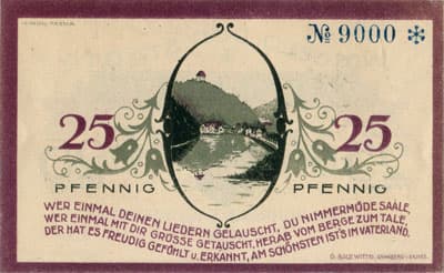 Notgeld der Stadt Ziegenr�ck (Th�ringen - Allemagne) - 25&nbsp;pfennig - 1&nbsp;septembre&nbsp;1921 - n�&nbsp;9000 - dos