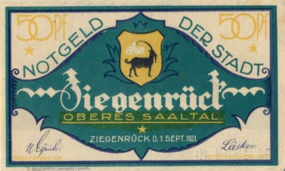 Notgeld der Stadt Ziegenr�ck (Th�ringen - Allemagne) - 50&nbsp;pfennig - 1&nbsp;septembre&nbsp;1921 - n�&nbsp;2334 - face