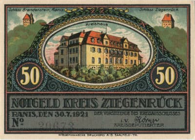 Notgeld Kreis Ziegenr�ck (Th�ringen - Allemagne) - 50&nbsp;pfennig - 30&nbsp;juillet&nbsp;1921 - n�&nbsp;30673 - Type 1 : Gefell i.V. - face