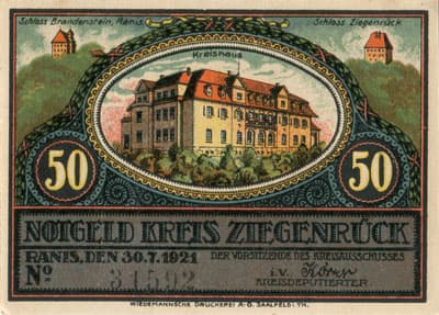 Notgeld Kreis Ziegenr�ck (Th�ringen - Allemagne) - 50&nbsp;pfennig - 30&nbsp;juillet&nbsp;1921 - n�&nbsp;31592 - Type 2 : Ranis - face