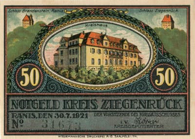Notgeld Kreis Ziegenr�ck (Th�ringen - Allemagne) - 50&nbsp;pfennig - 30&nbsp;juillet&nbsp;1921 - n�&nbsp;31673 - Type 3 : Grosskamsdorf - face